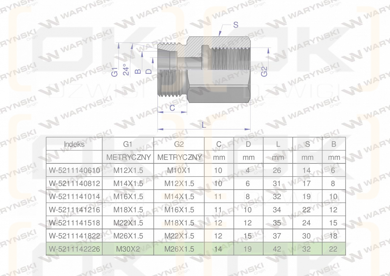 Tulejka różnicowa hydrauliczna metryczna AB 30x2 22L GZ x M26x1.5 GW Waryński