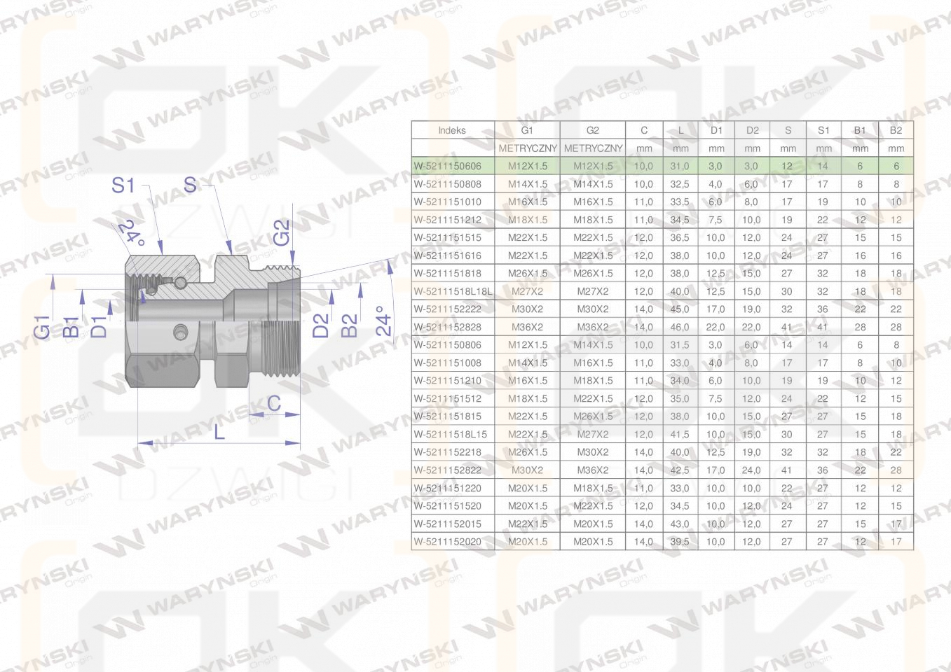Złączka hydrauliczna metryczna AB (XKOR) A-M12x1.5 06L / B-M12x1.5 06L Waryński ( sprzedawane po 2 )