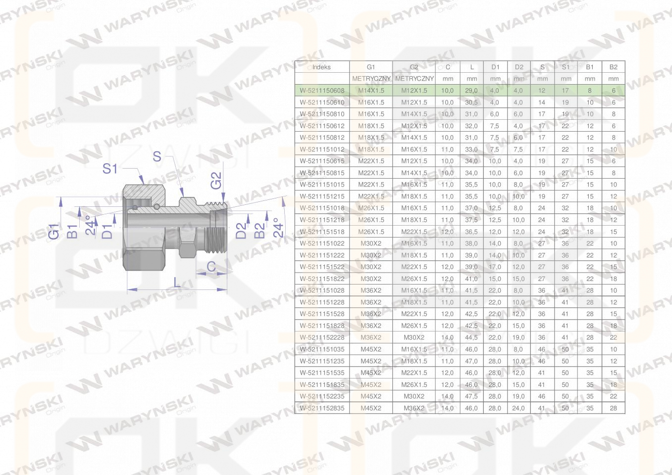 Złączka hydrauliczna metryczna AB (XKOR) A-M14x1.5 08L / B-M12x1.5 06L Waryński ( sprzedawane po 2 )