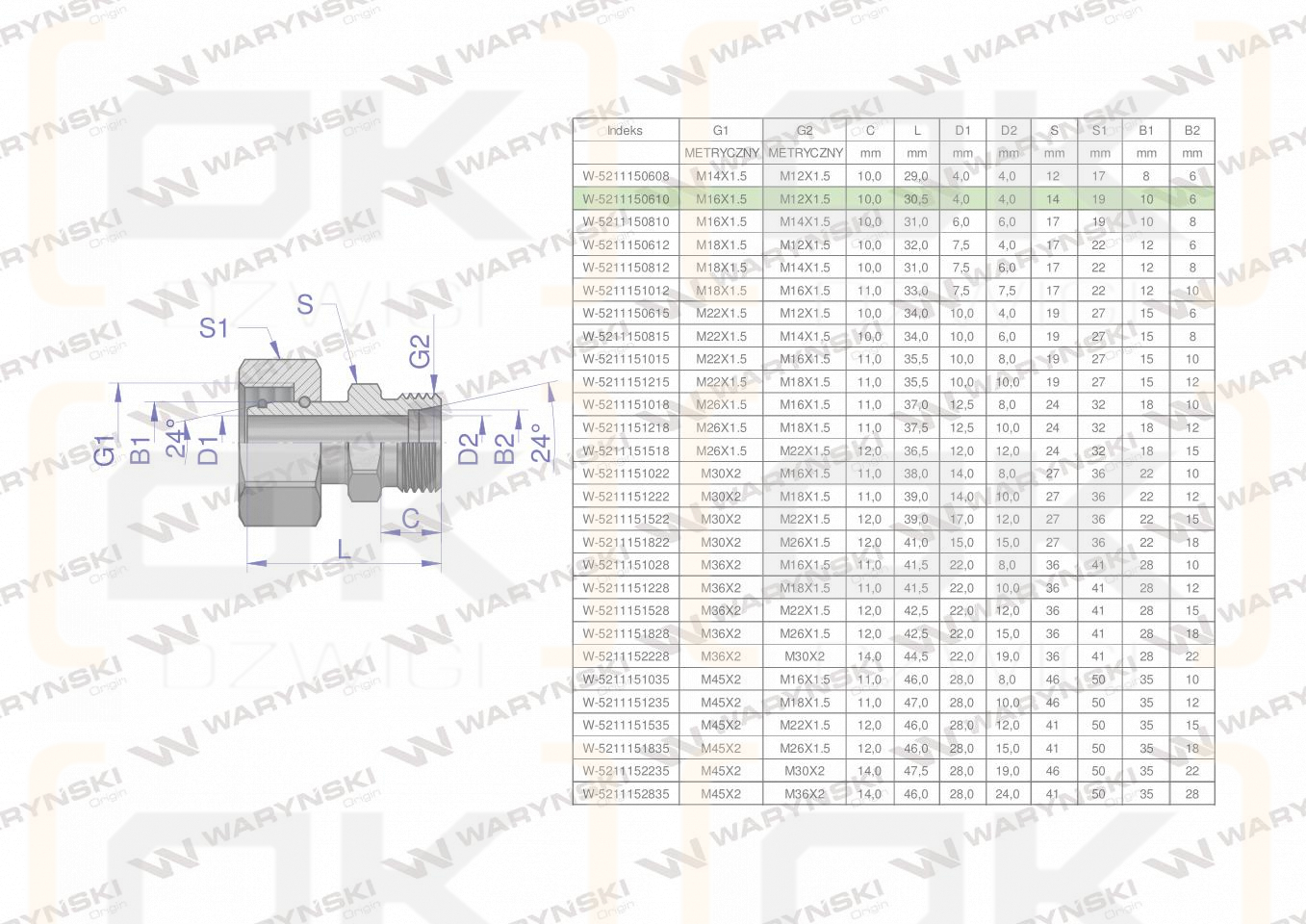 Złączka hydrauliczna metryczna AB (XKOR) A-M16x1.5 10L / B-M12x1.5 06L Waryński ( sprzedawane po 2 )