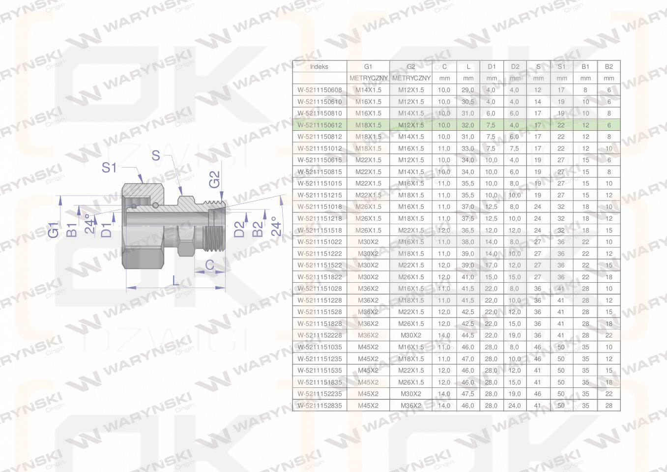 Złączka hydrauliczna metryczna AB (XKOR) A-M18x1.5 12L / B-M12x1.5 06L Waryński ( sprzedawane po 2 )