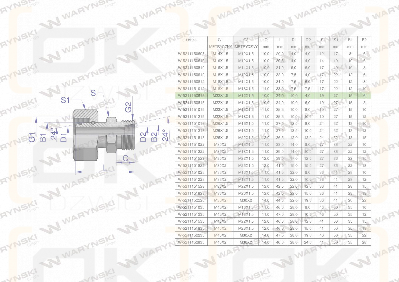 Złączka hydrauliczna metryczna AB (XKOR) A-M22x1.5 15L / B-M12x1.5 06L Waryński ( sprzedawane po 2 )