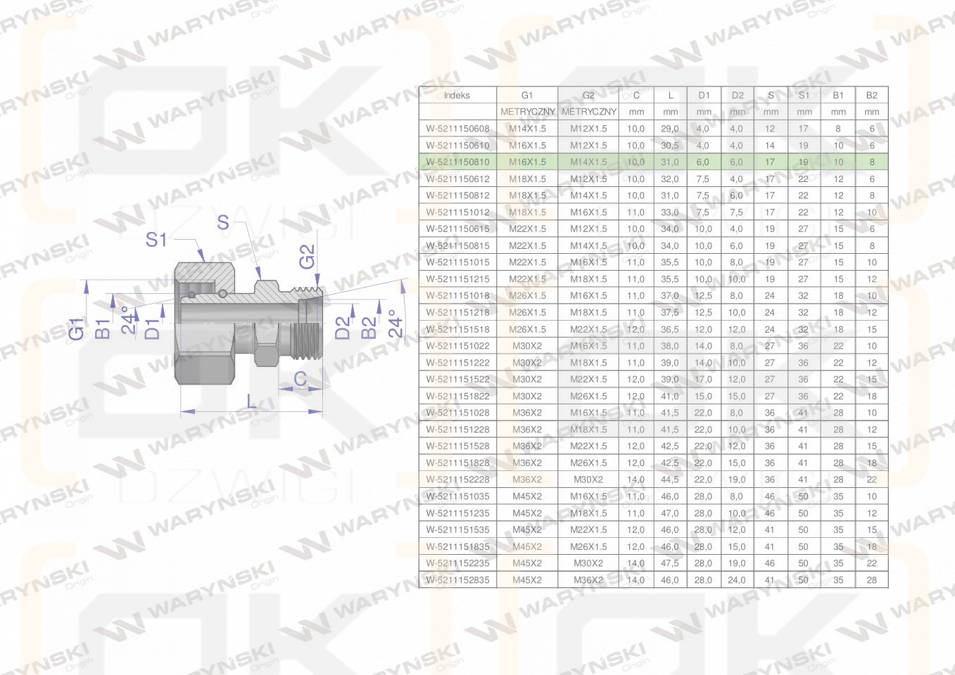Złączka hydrauliczna metryczna AB (XKOR) A-M16x1.5 10L / B-M14x1.5 08L Waryński ( sprzedawane po 2 )