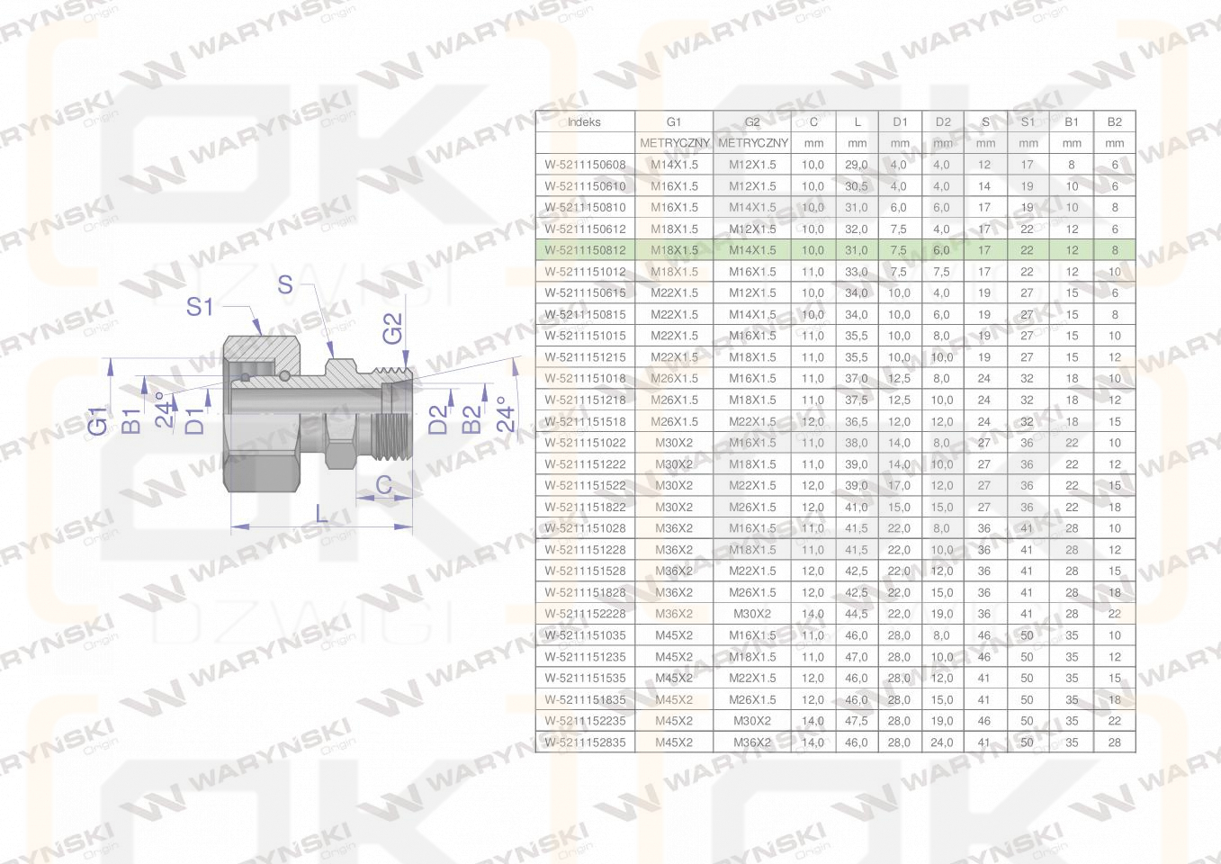 Złączka hydrauliczna metryczna AB (XKOR) A-M18x1.5 12L / B-M14x1.5 08L Waryński ( sprzedawane po 2 )