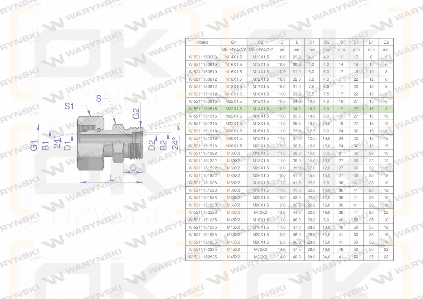 Złączka hydrauliczna metryczna AB (XKOR) A-M22x1.5 15L / B-M14x1.5 08L Waryński ( sprzedawane po 2 )