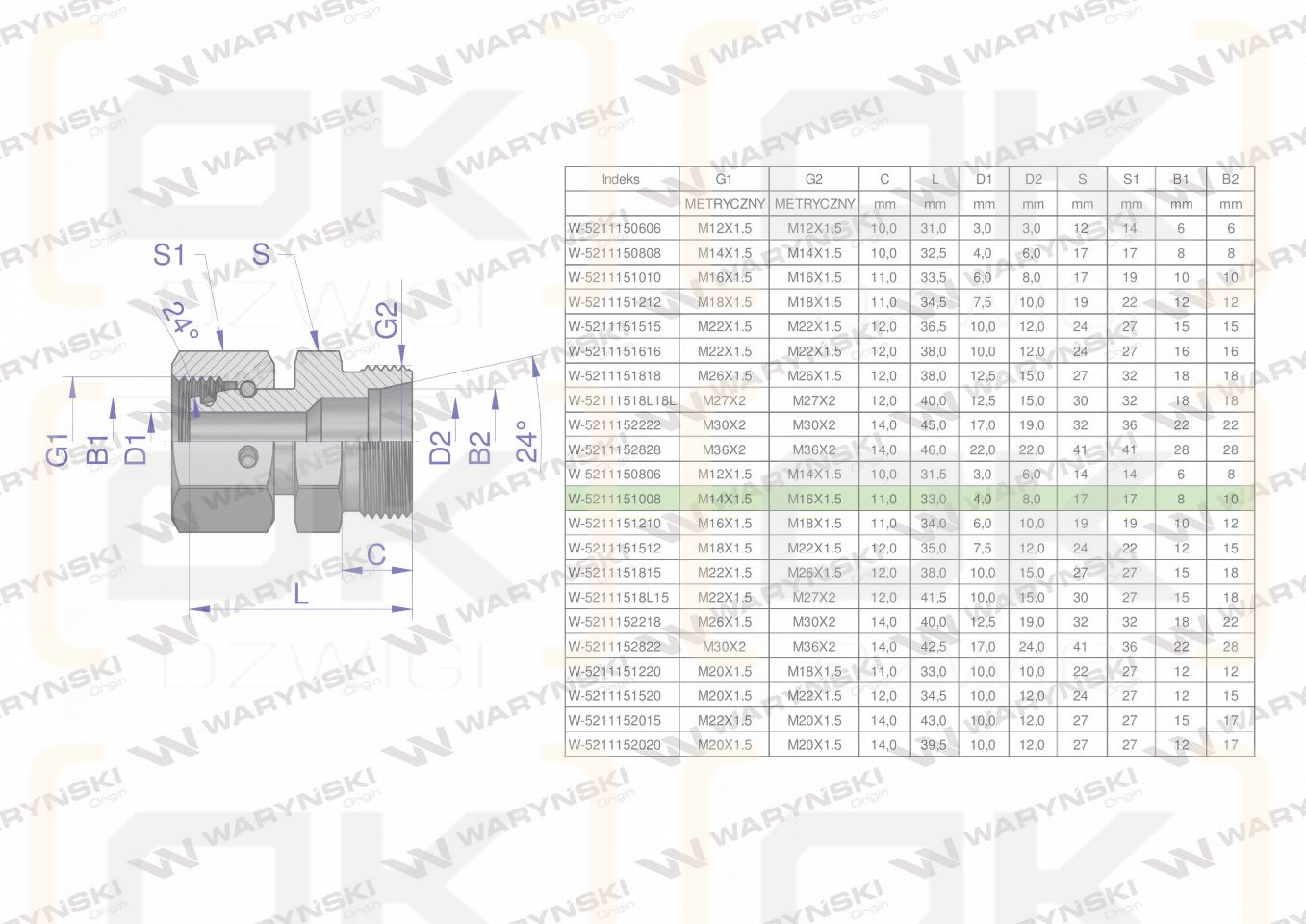 Złączka hydrauliczna metryczna AB (XKOR) A-M14x1.5 08L / B-M16x1.5 10L Waryński ( sprzedawane po 2 )