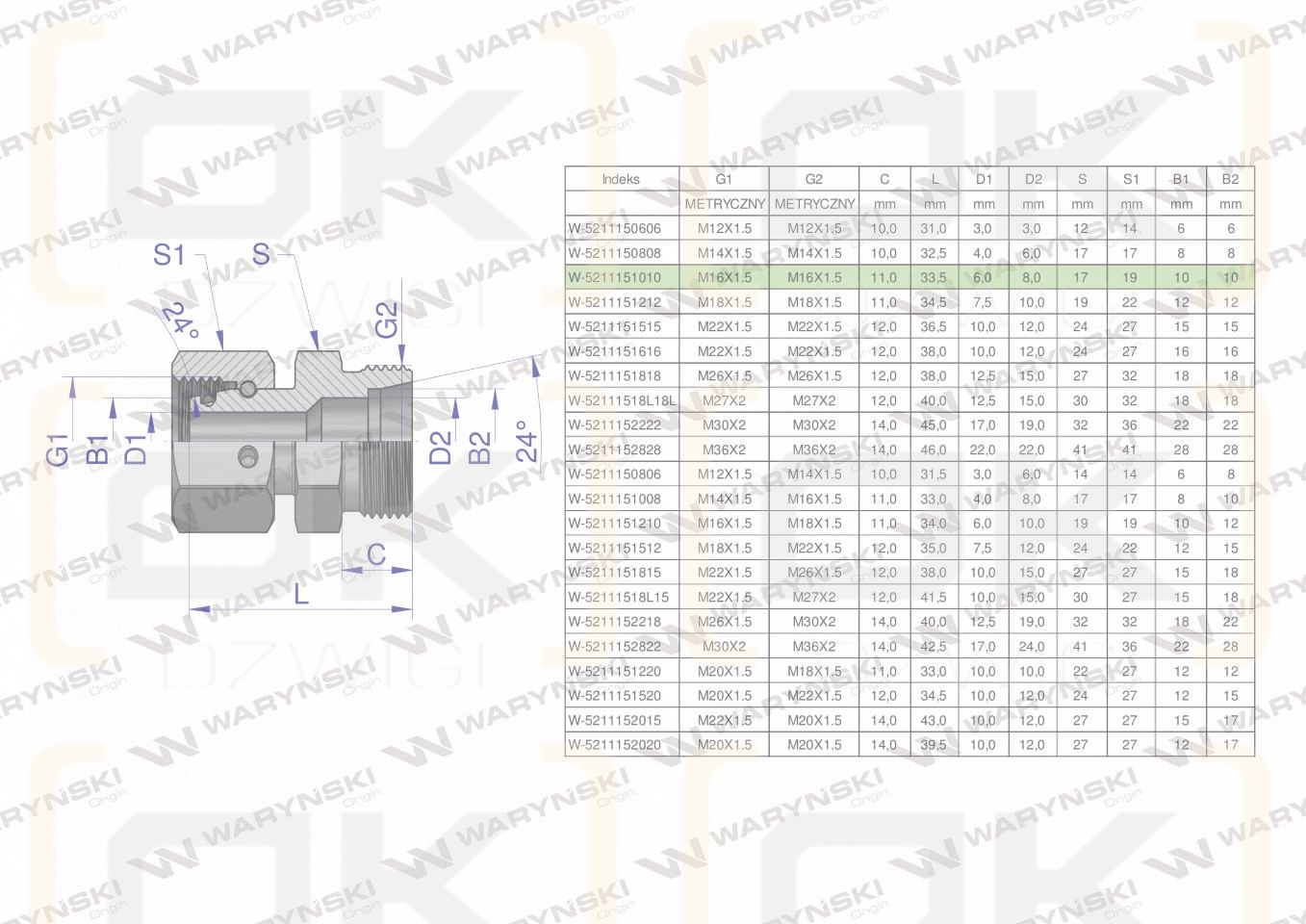 Złączka hydrauliczna metryczna AB (XKOR) A-M16x1.5 10L / B-M16x1.5 10L Waryński ( sprzedawane po 5 )