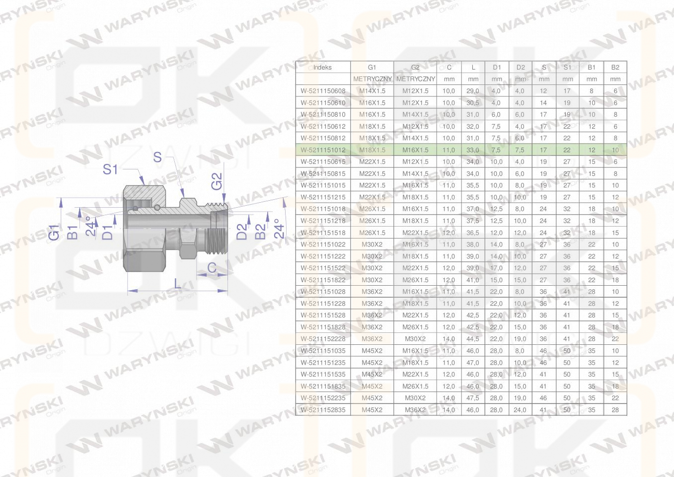 Złączka hydrauliczna metryczna AB (XKOR) A-M18x1.5 12L / B-M16x1.5 10L Waryński ( sprzedawane po 2 )