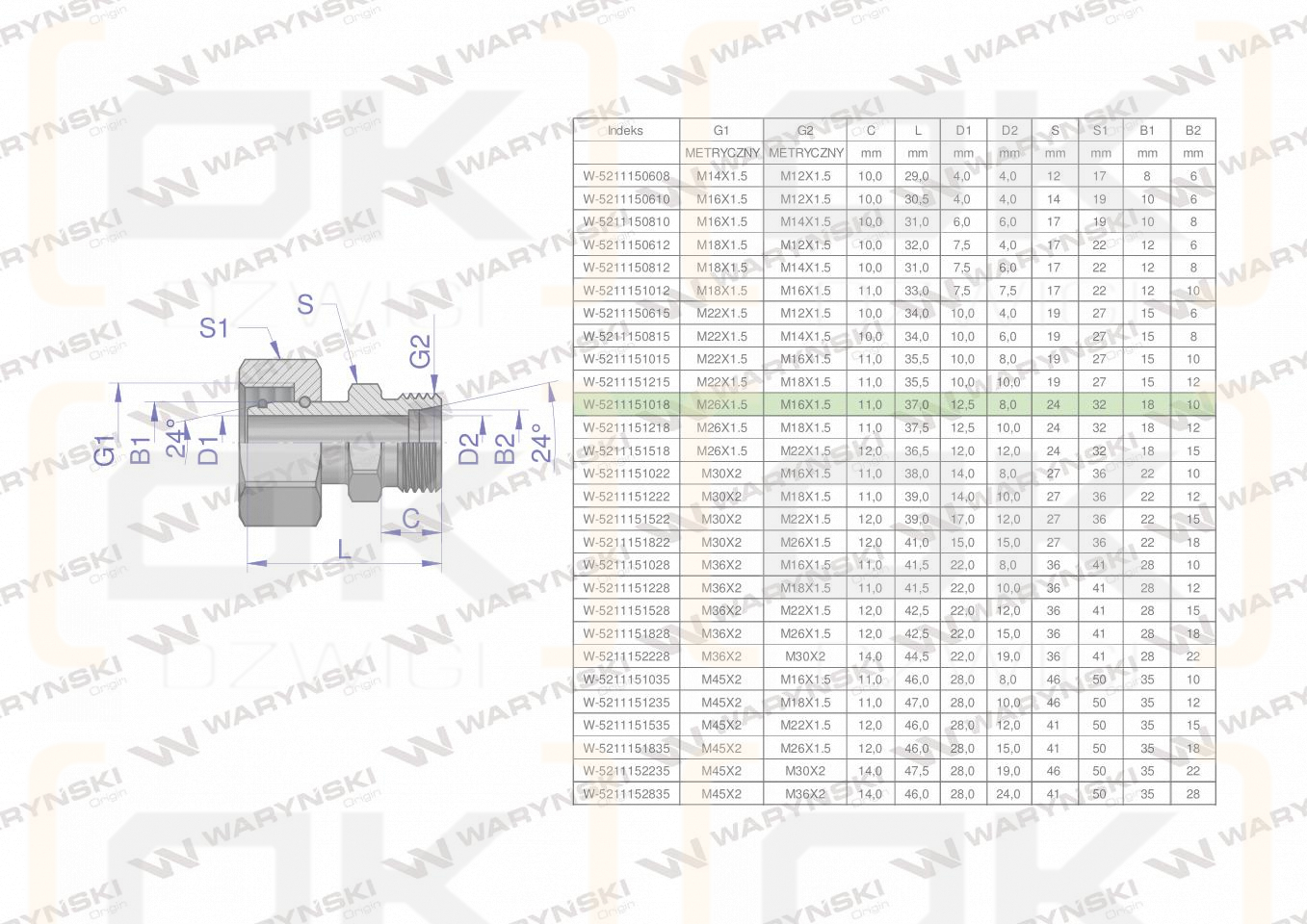 Złączka hydrauliczna metryczna AB (XKOR) A-M26x1.5 18L / B-M16x1.5 10L Waryński