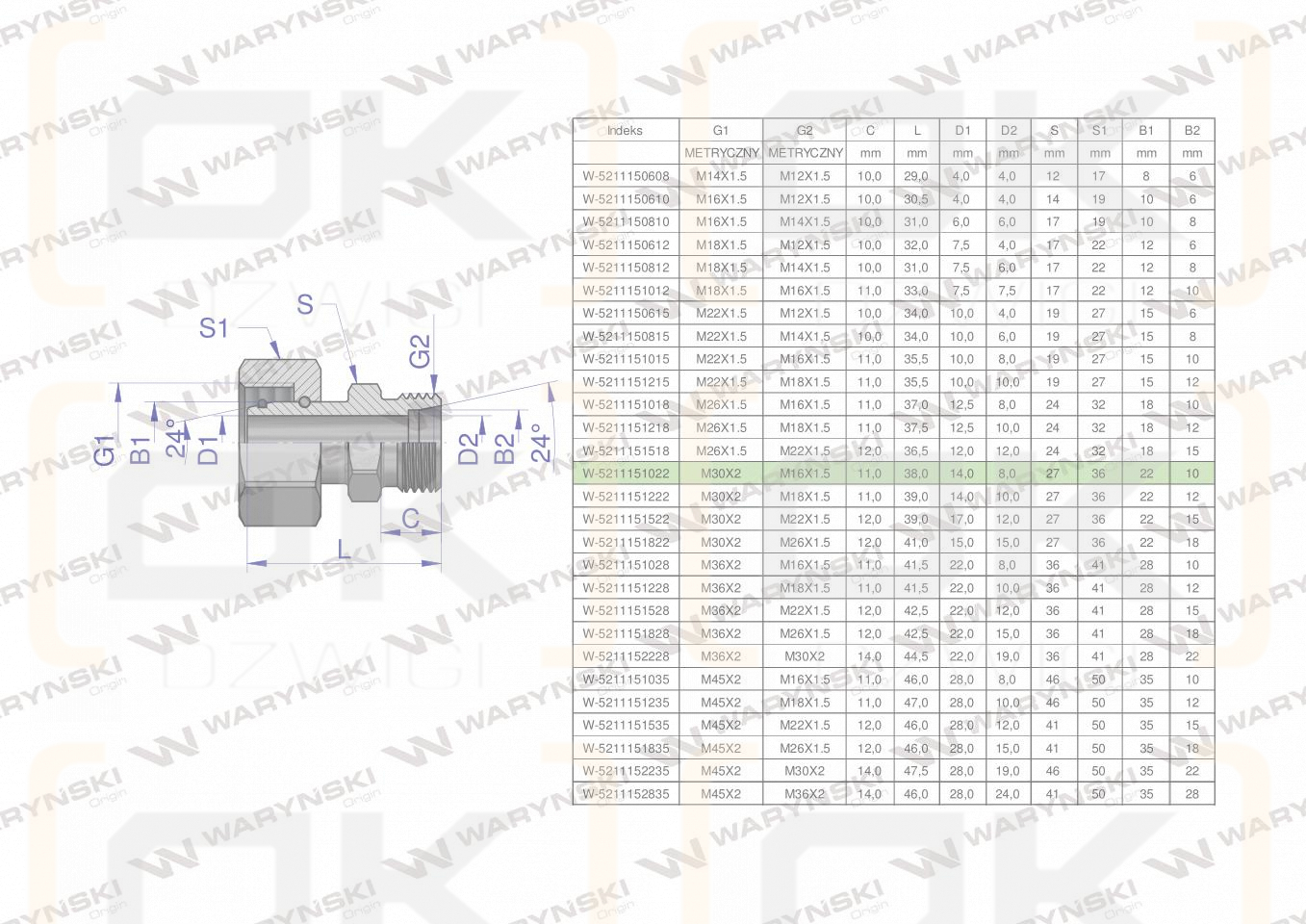 Złączka hydrauliczna metryczna AB (XKOR) A-M30x2 22L / B-M16x1.5 10L Waryński