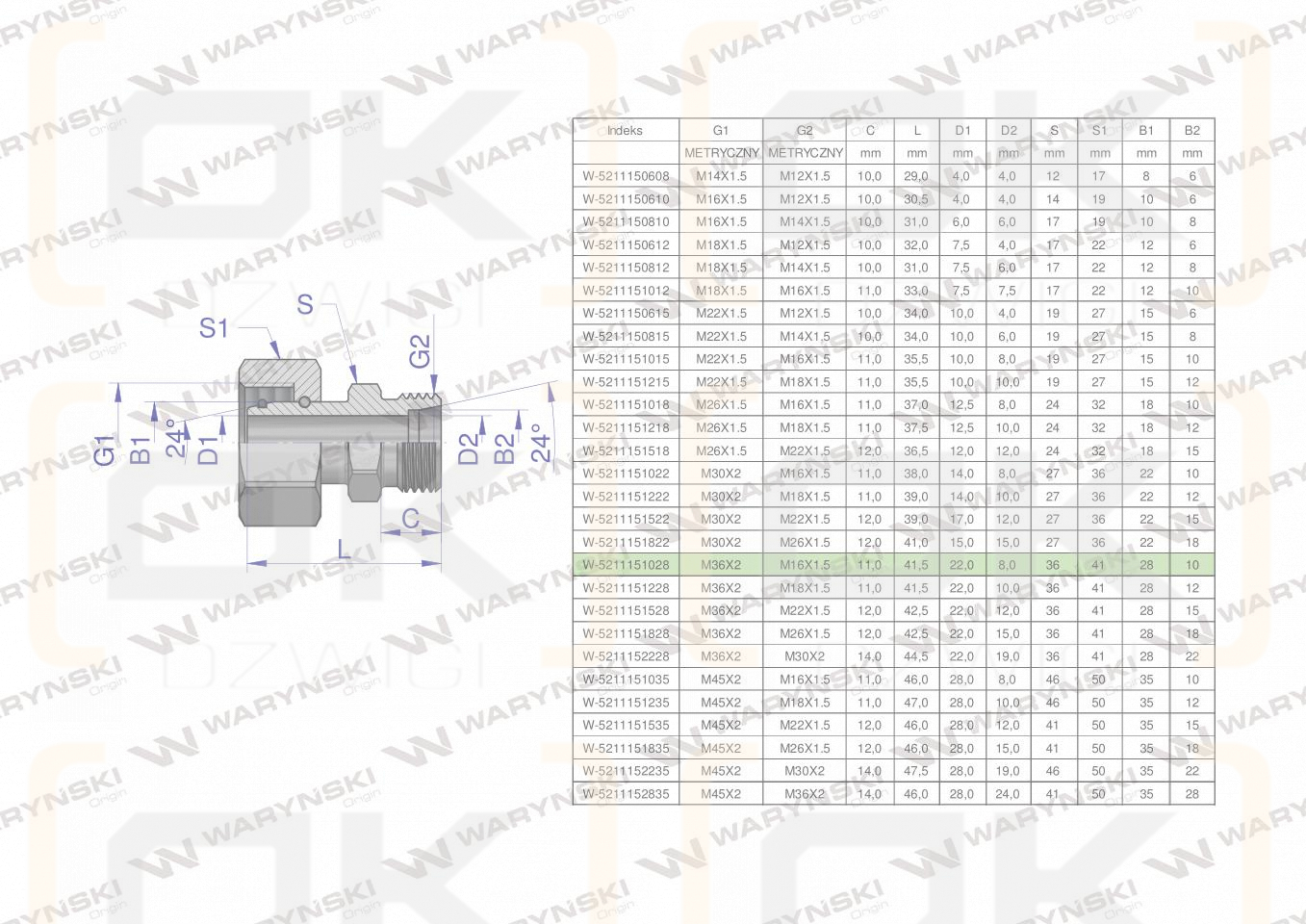Złączka hydrauliczna metryczna AB (XKOR) A-M36x2 28L / B-M16x1.5 10L Waryński