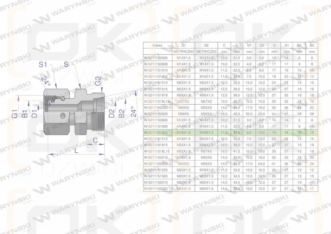 Złączka hydrauliczna metryczna AB (XKOR) A-M16x1.5 10L / B-M18x1.5 12L Waryński ( sprzedawane po 5 )