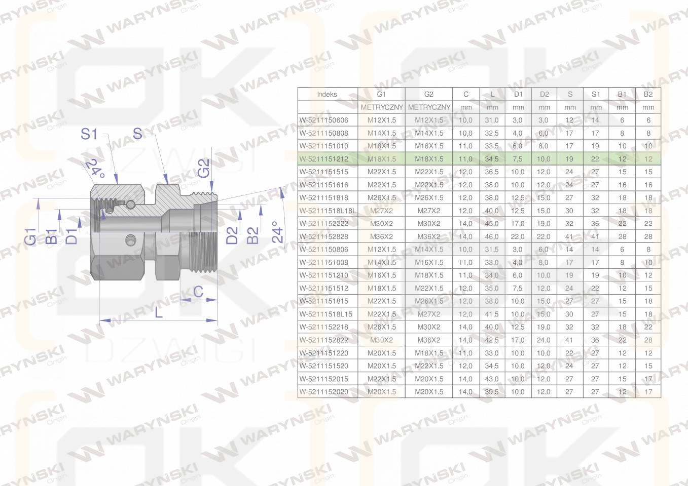 Złączka hydrauliczna metryczna AB (XKOR) A-M18x1.5 12L / B-M18x1.5 12L Waryński ( sprzedawane po 5 )