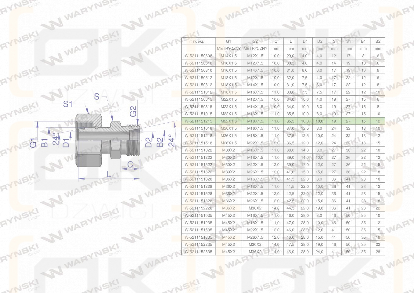 Złączka hydrauliczna metryczna AB (XKOR) A-M22x1.5 15L / B-M18x1.5 12L Waryński ( sprzedawane po 5 )