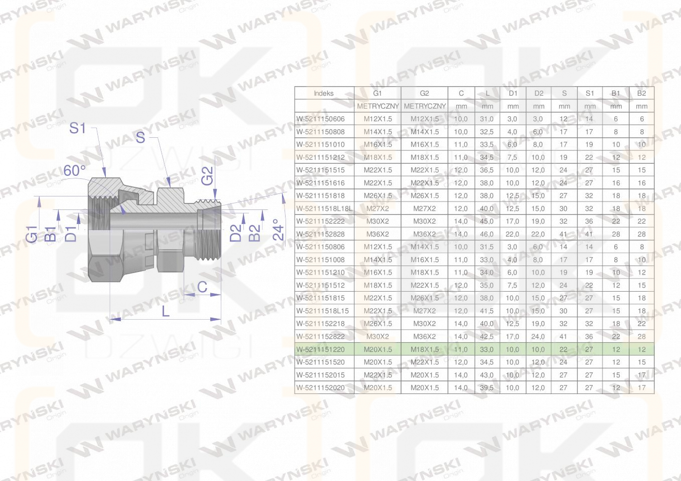 Złączka hydrauliczna metryczna AB (XKOR) A-M20x1.5 (60 stopni) / B-M18x1.5 12L Waryński ( sprzedawane po 2 )