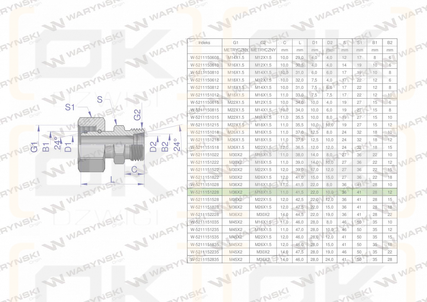 Złączka hydrauliczna metryczna AB (XKOR) A-M36x2 28L / B-M18x1.5 12L Waryński
