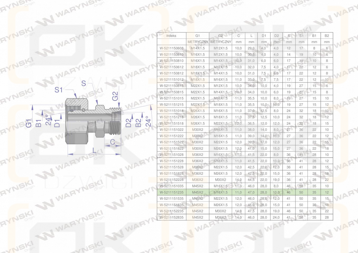 Złączka hydrauliczna metryczna AB (XKOR) A-M45x2 35L / B-M18x1.5 12L Waryński