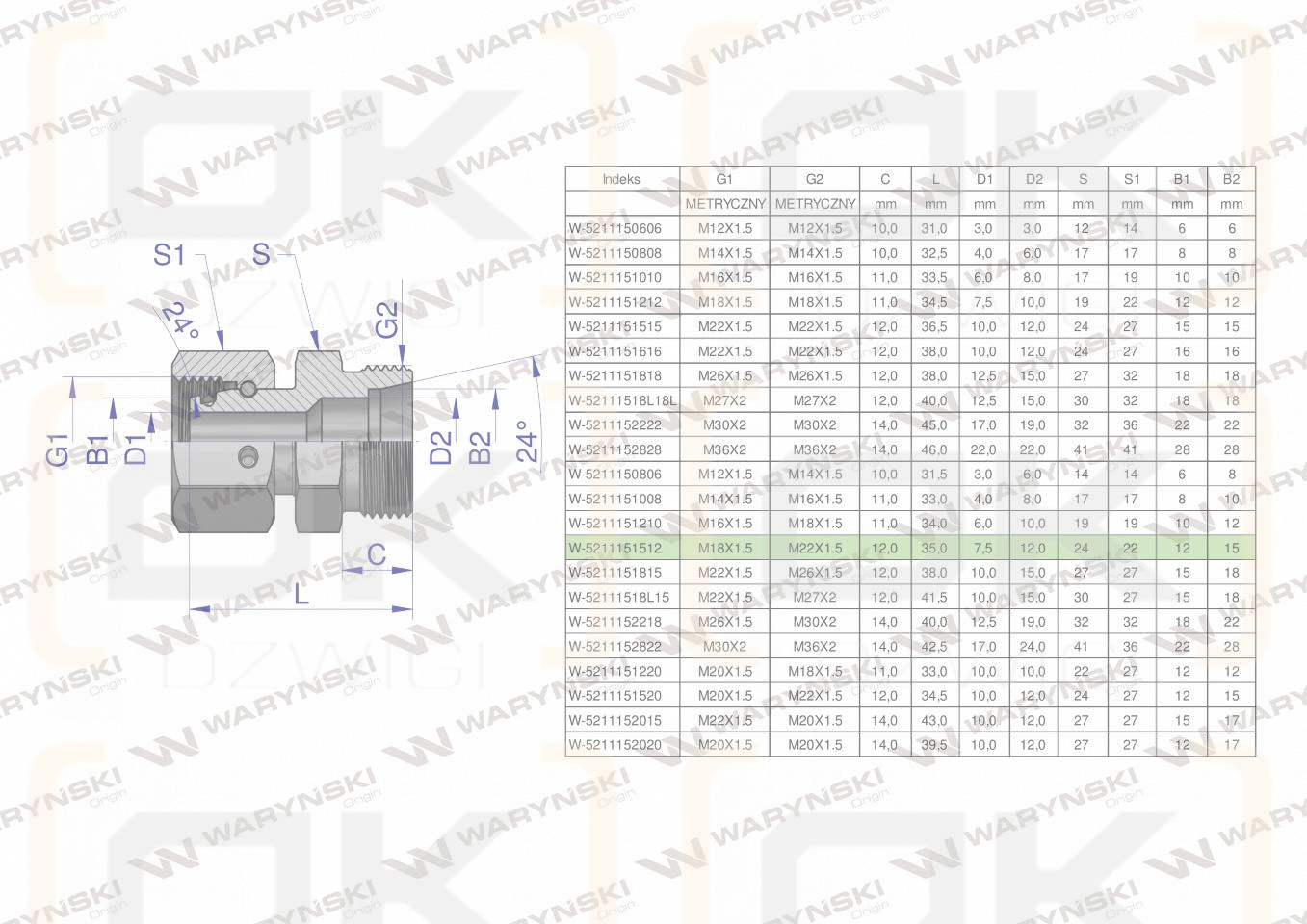 Złączka hydrauliczna metryczna AB (XKOR) A-M18x1.5 12L / B-M22x1.5 15L Waryński ( sprzedawane po 5 )