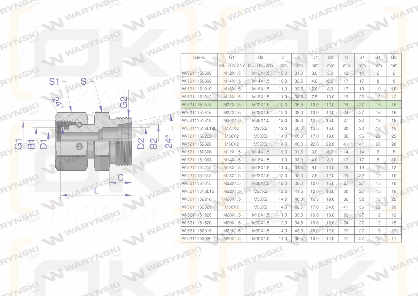 Złączka hydrauliczna metryczna AB (XKOR) A-M22x1.5 15L / B-M22x1.5 15L Waryński ( sprzedawane po 5 )