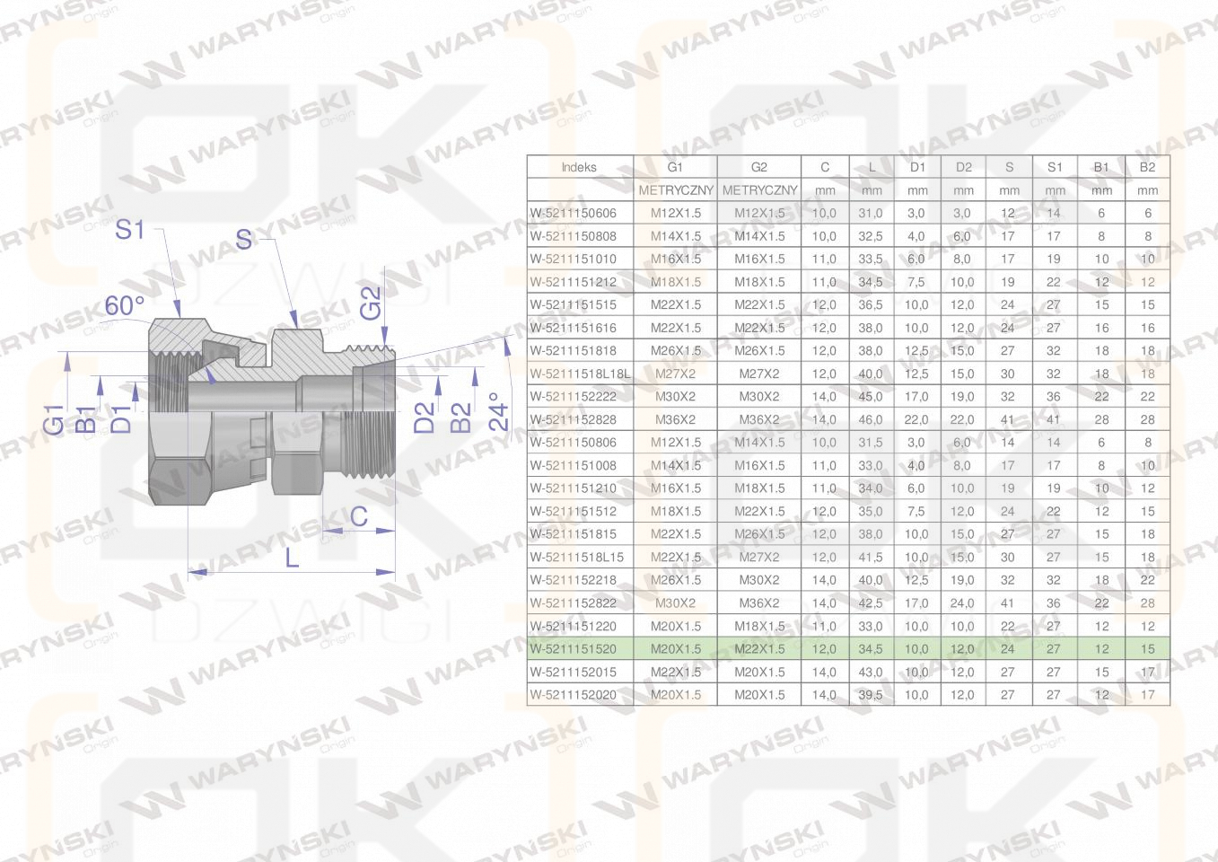 Złączka hydrauliczna metryczna AB (XKOR) A-M20x1.5 (60 stopni) / B-M22x1.5 15L Waryński ( sprzedawane po 2 )