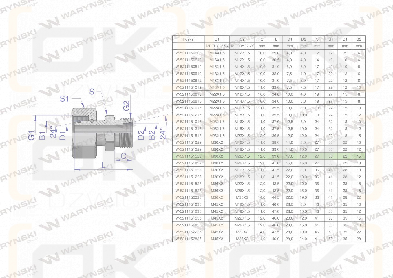 Złączka hydrauliczna metryczna AB (XKOR) A-M30x2 22L / B-M22x1.5 15L Waryński