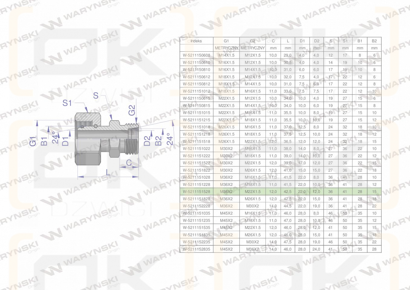Złączka hydrauliczna metryczna AB (XKOR) A-M36x2 28L / B-M22x1.5 15L Waryński