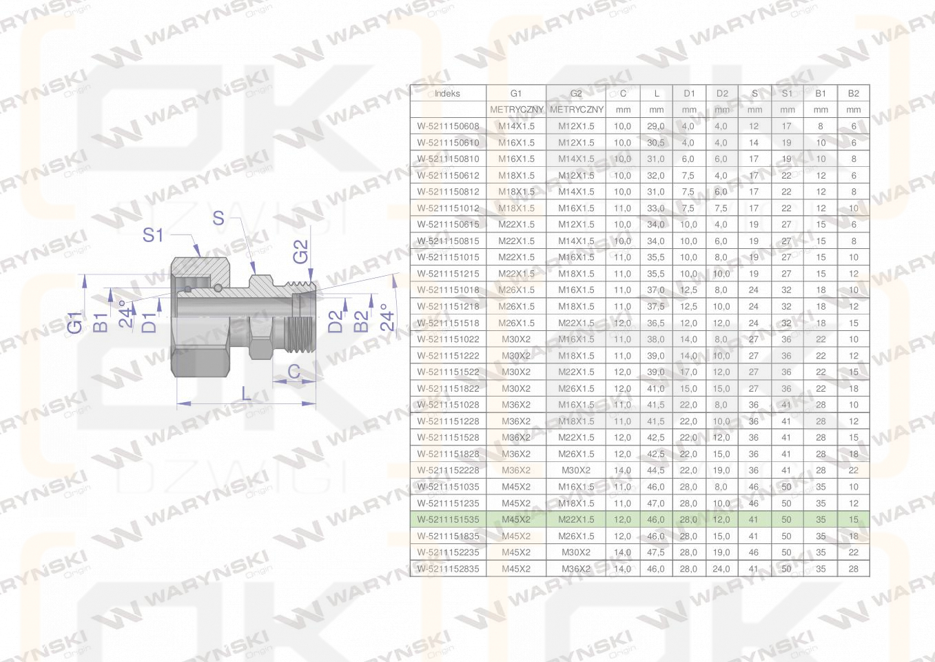 Złączka hydrauliczna metryczna AB (XKOR) A-M45x2 35L / B-M22x1.5 15L Waryński