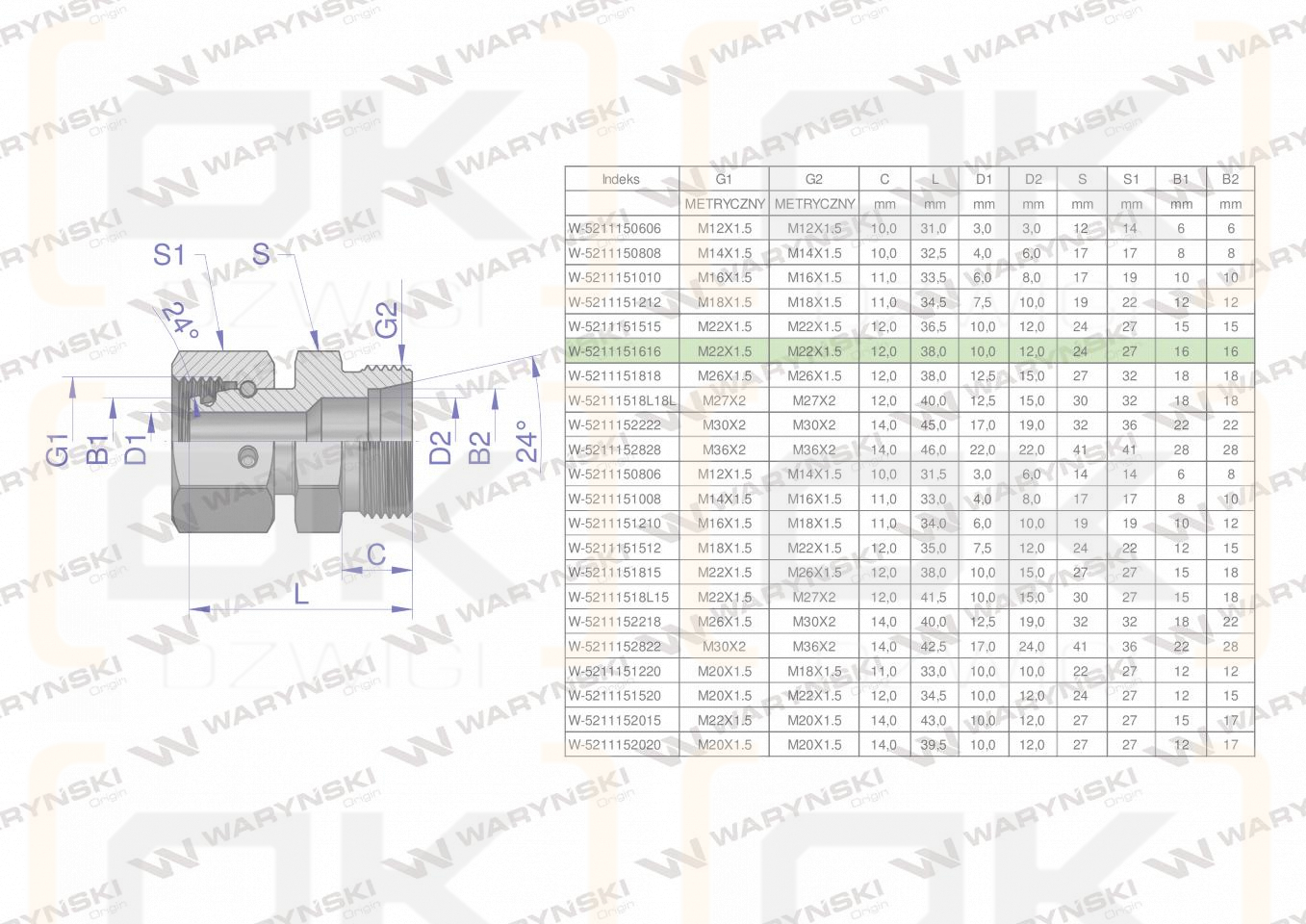 Złączka hydrauliczna metryczna AB (XKOR) A-M22x1.5 16L / B-M22x1.5 16L Waryński ( sprzedawane po 5 )