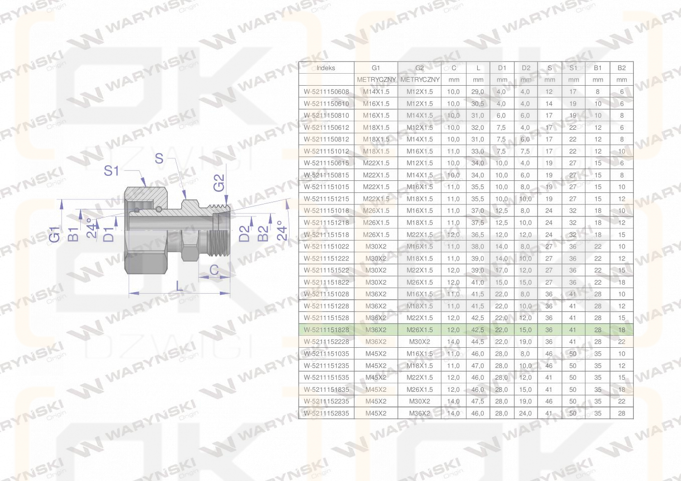 Złączka hydrauliczna metryczna AB (XKOR) A-M36x2 28L / B-M26x1.5 18L Waryński