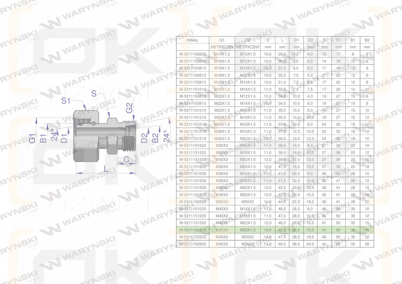 Złączka hydrauliczna metryczna AB (XKOR) A-M45x2 35L / B-M26x1.5 18L Waryński