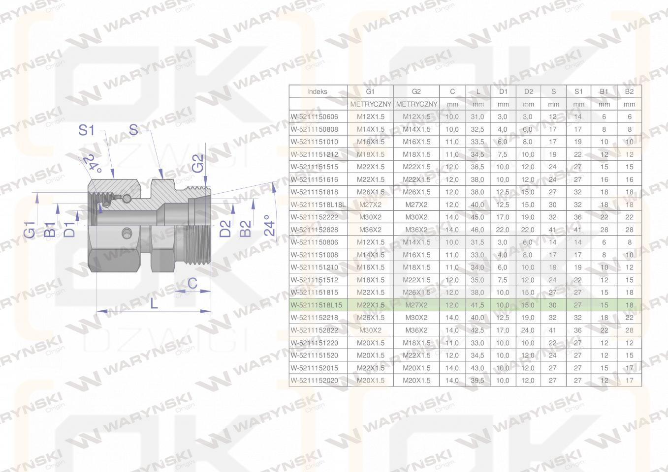 Złączka hydrauliczna metryczna AB (XKOR) A-M22x1.5 15L / B-M27x2 18L Waryński ( sprzedawane po 2 )