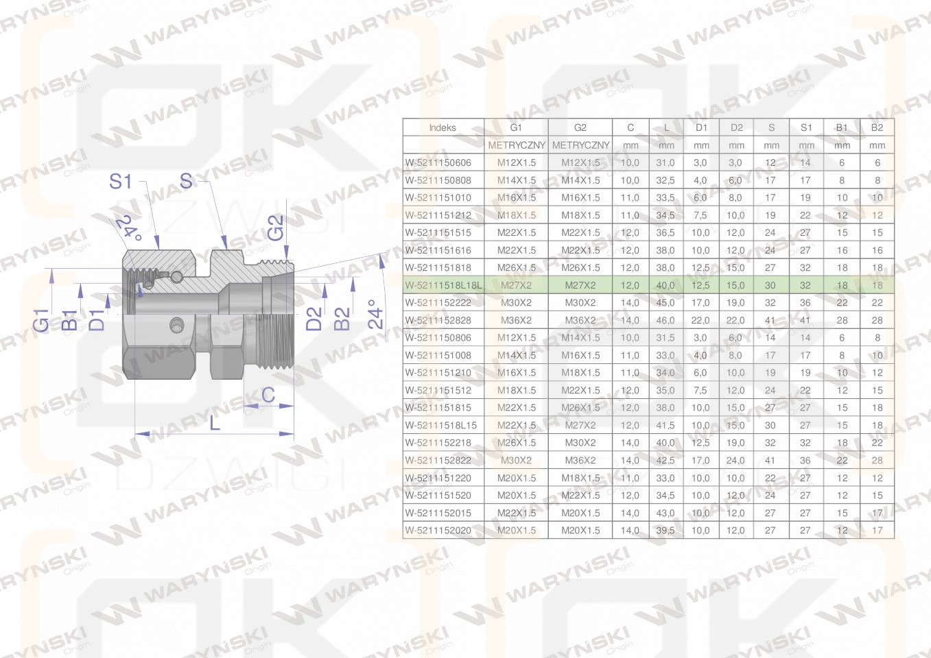 Złączka hydrauliczna metryczna AB (XKOR) A-M27x2 18L / B-M27x2 18L Waryński ( sprzedawane po 2 )