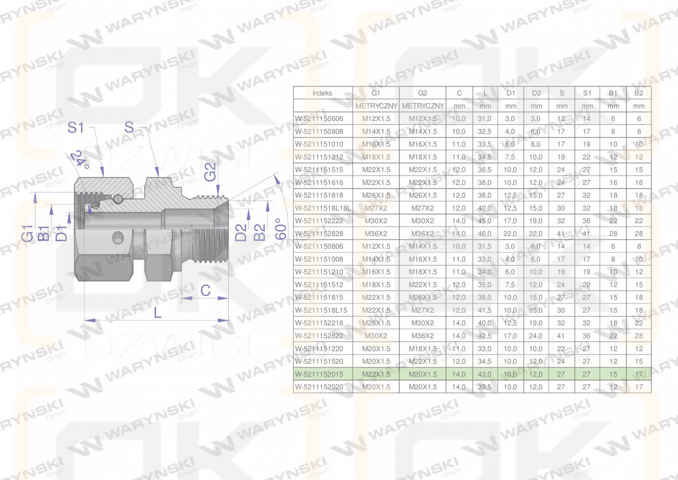 Złączka hydrauliczna metryczna AB (XKOR) A-M22x1.5 15L / B-M20x1.5 (60 stopni) Waryński ( sprzedawane po 2 )