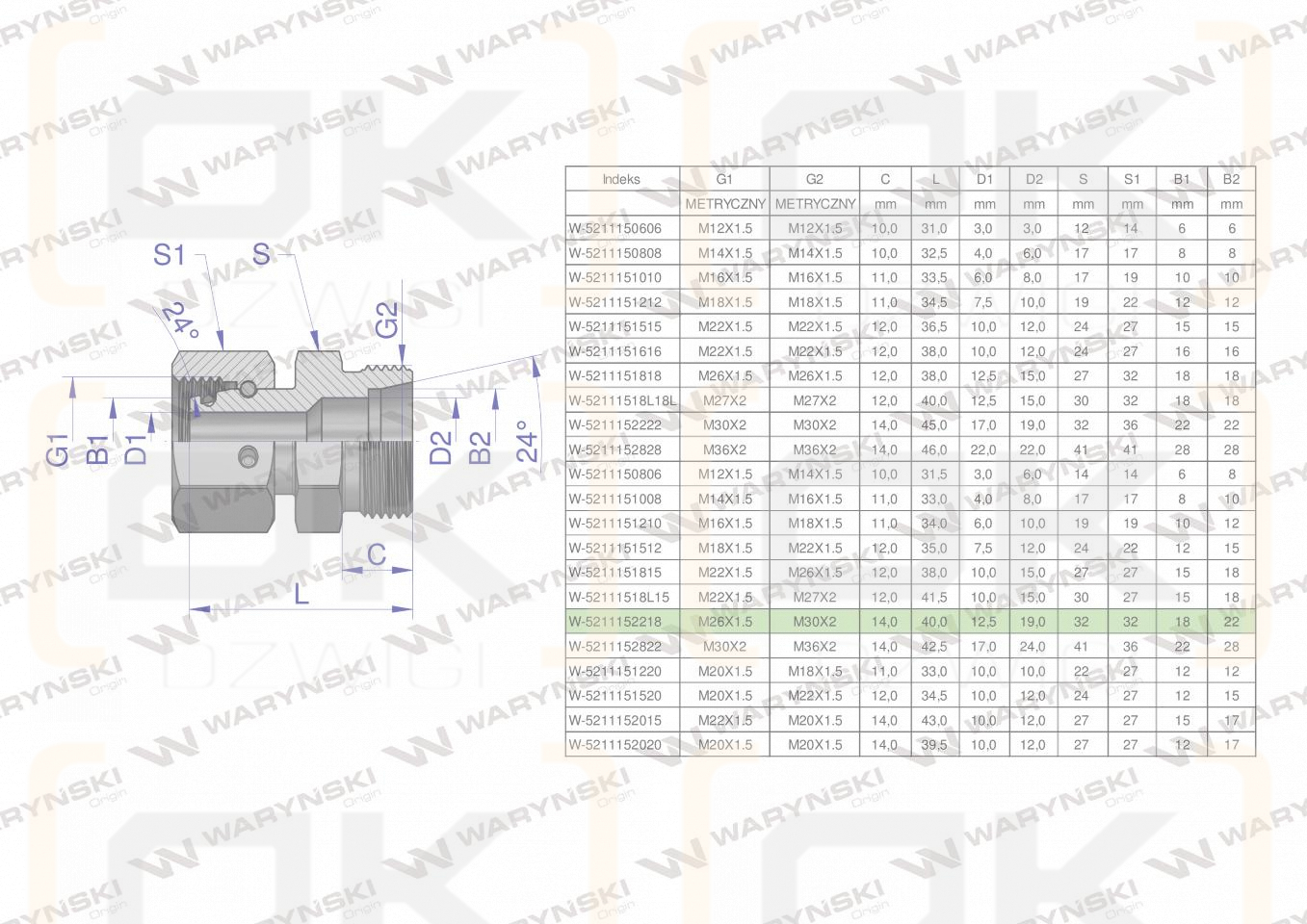Złączka hydrauliczna metryczna AB (XKOR) A-M26x1.5 18L / B-M30x2 22L Waryński