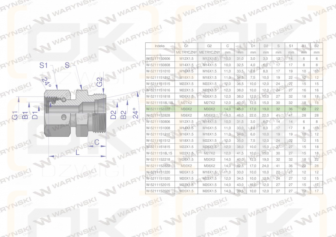 Złączka hydrauliczna metryczna AB (XKOR) A-M30x2 22L / B-M30x2 22L Waryński