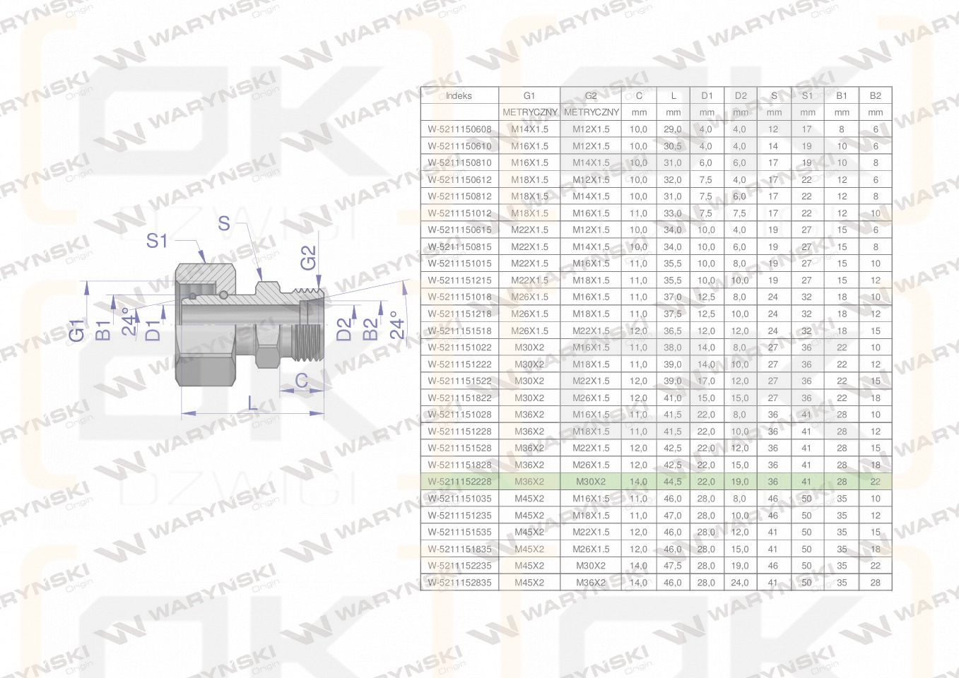 Złączka hydrauliczna metryczna AB (XKOR) A-M36x2 28L / B-M30x2 22L Waryński