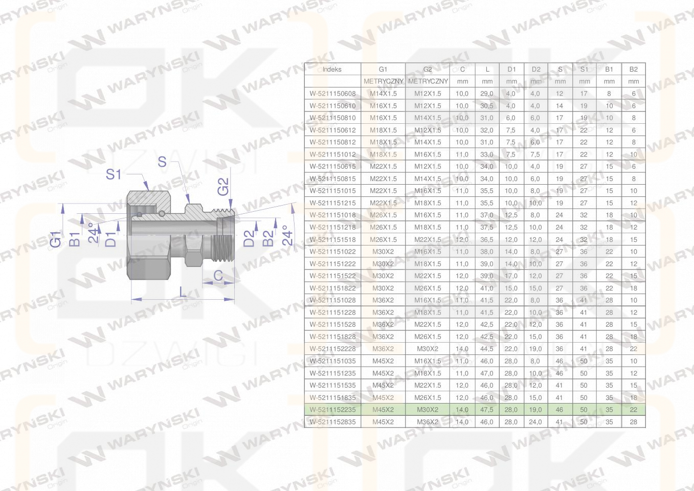 Złączka hydrauliczna metryczna AB (XKOR) A-M45x2 35L / B-M30x2 22L Waryński