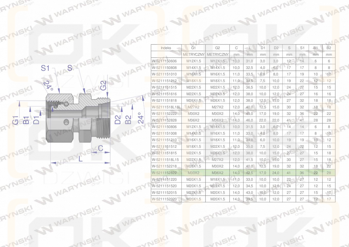 Złączka hydrauliczna metryczna AB (XKOR) A-M30x2 22L  / B-M36x2 28L Waryński
