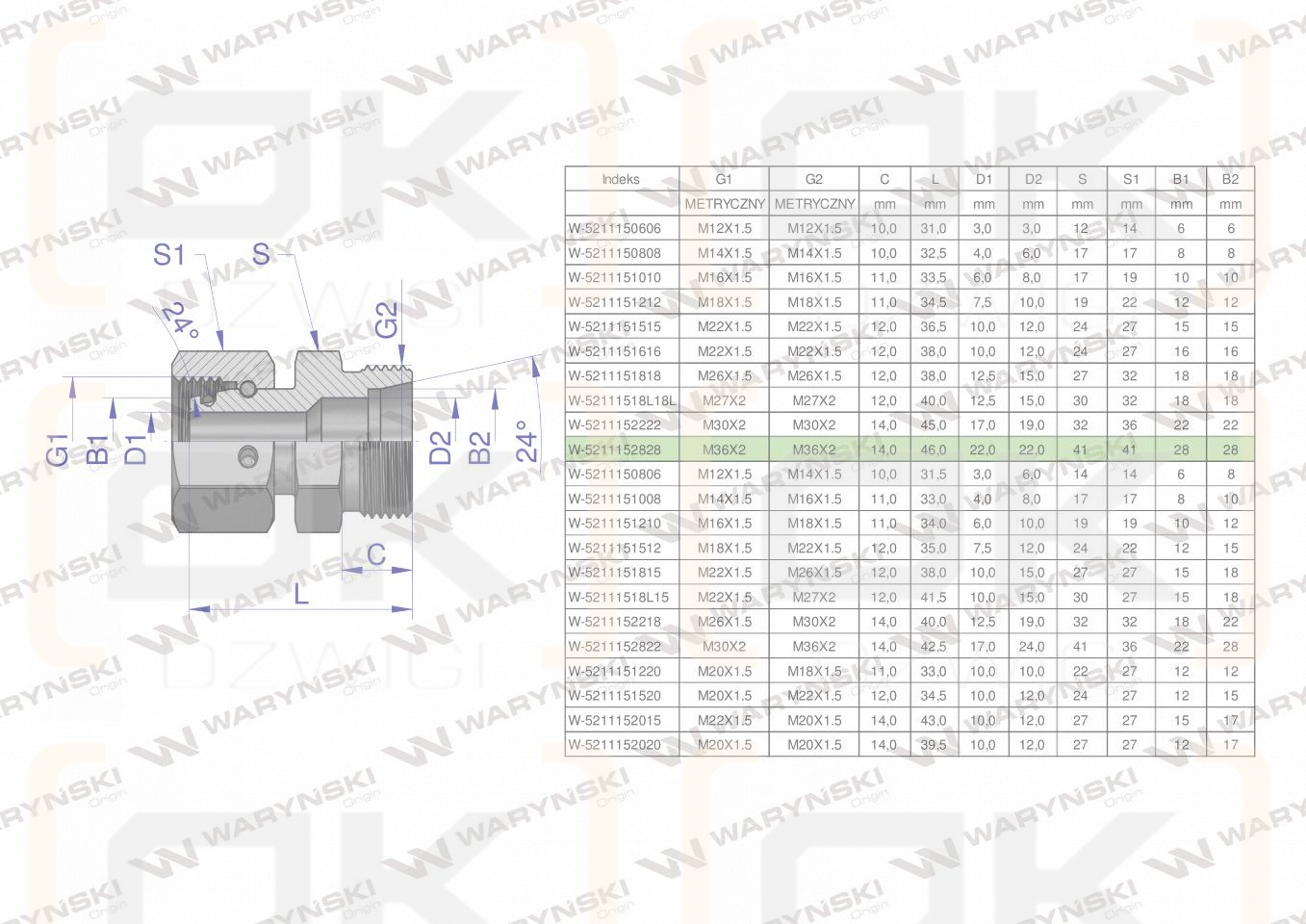 Złączka hydrauliczna metryczna AB (XKOR) A-M36x2 28L / B-M36x2 28L Waryński