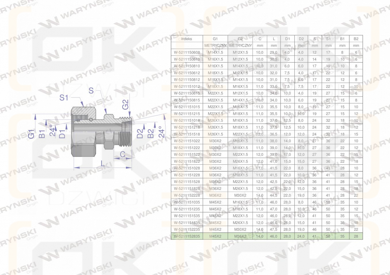 Złączka hydrauliczna metryczna AB (XKOR) A-M45x2 35L / B-M36x2 22L Waryński