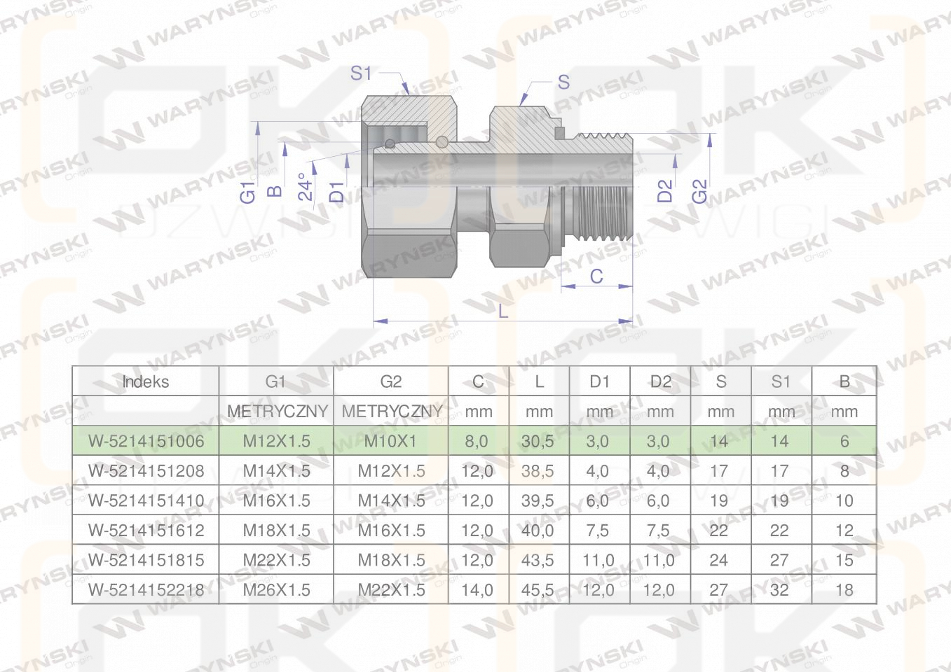 Przyłączka hydrauliczna metryczna AB (EVGE) M12x1.5 06L x M10x1 ED Waryński ( sprzedawane po 2 )