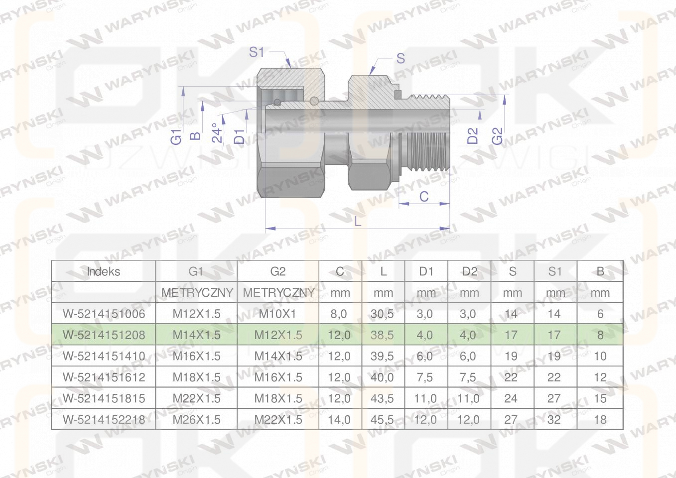 Przyłączka hydrauliczna metryczna AB (EVGE) M14x1.5 08L x M12x1.5 ED Waryński ( sprzedawane po 2 )