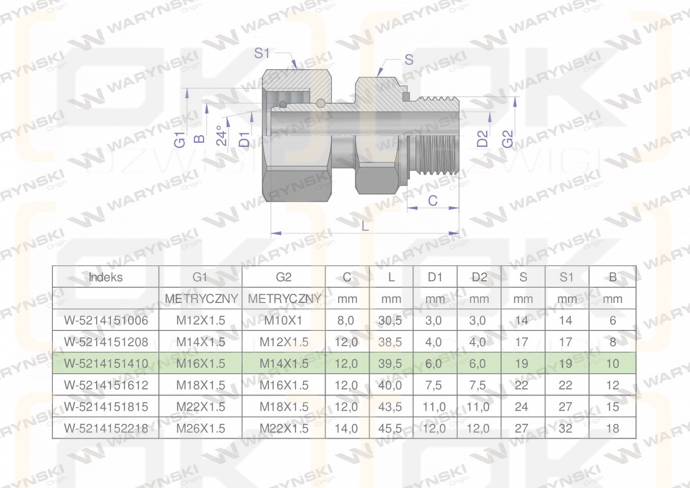 Przyłączka hydrauliczna metryczna AB (EVGE) M16x1.5 10L x M14x1.5 ED Waryński ( sprzedawane po 2 )