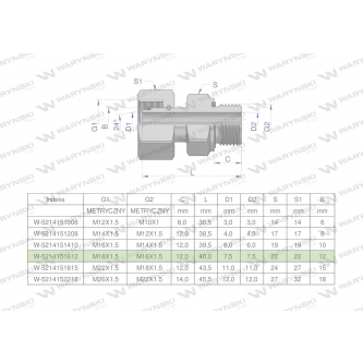 Przyłączka hydrauliczna metryczna AB (EVGE) M18x1.5 12L x M16x1.5 ED Waryński ( sprzedawane po 2 )