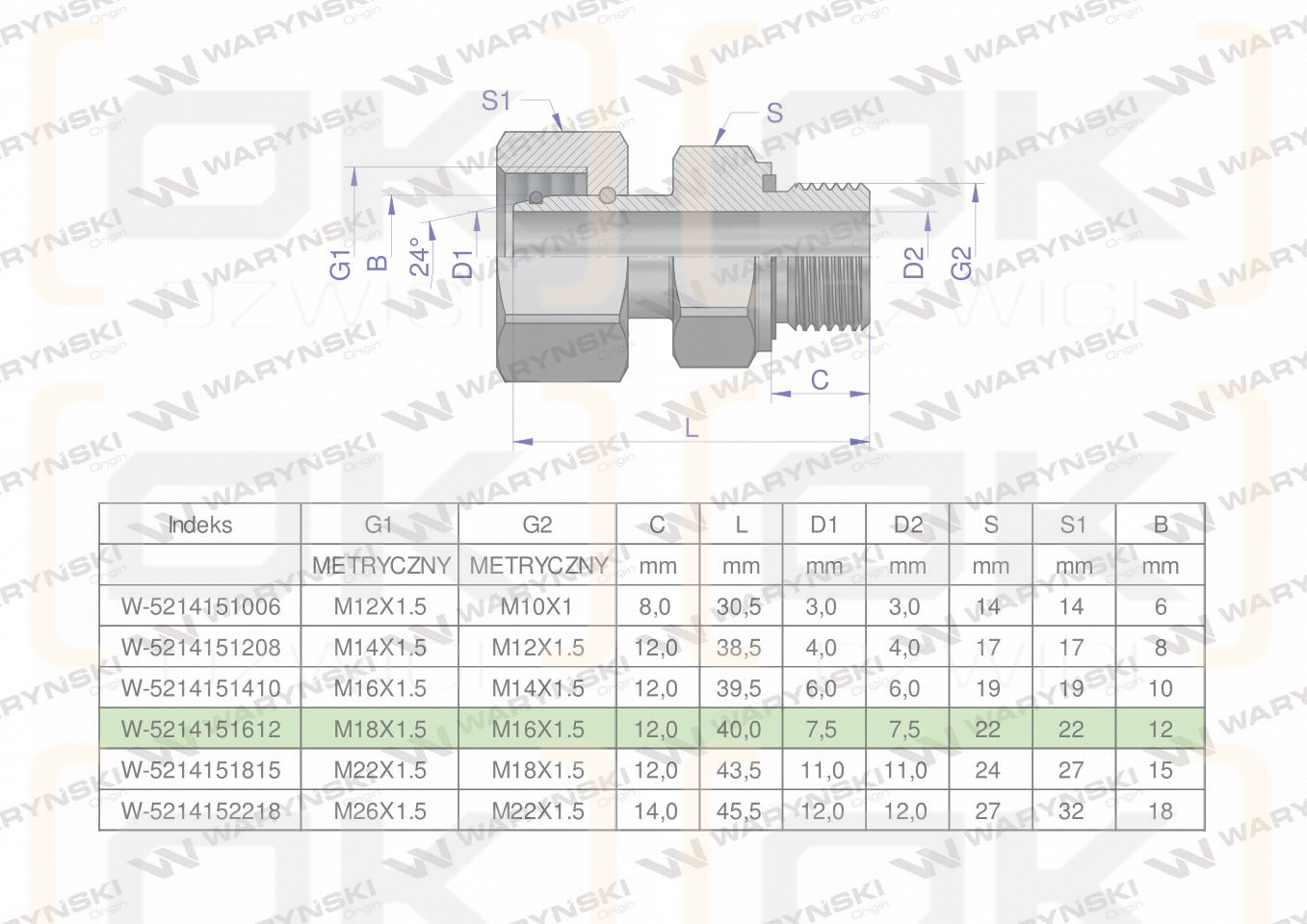 Przyłączka hydrauliczna metryczna AB (EVGE) M18x1.5 12L x M16x1.5 ED Waryński ( sprzedawane po 2 )
