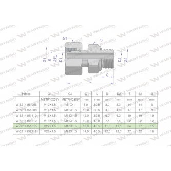Przyłączka hydrauliczna metryczna AB (EVGE) M22x1.5 15L x M18x1.5 ED Waryński ( sprzedawane po 2 )