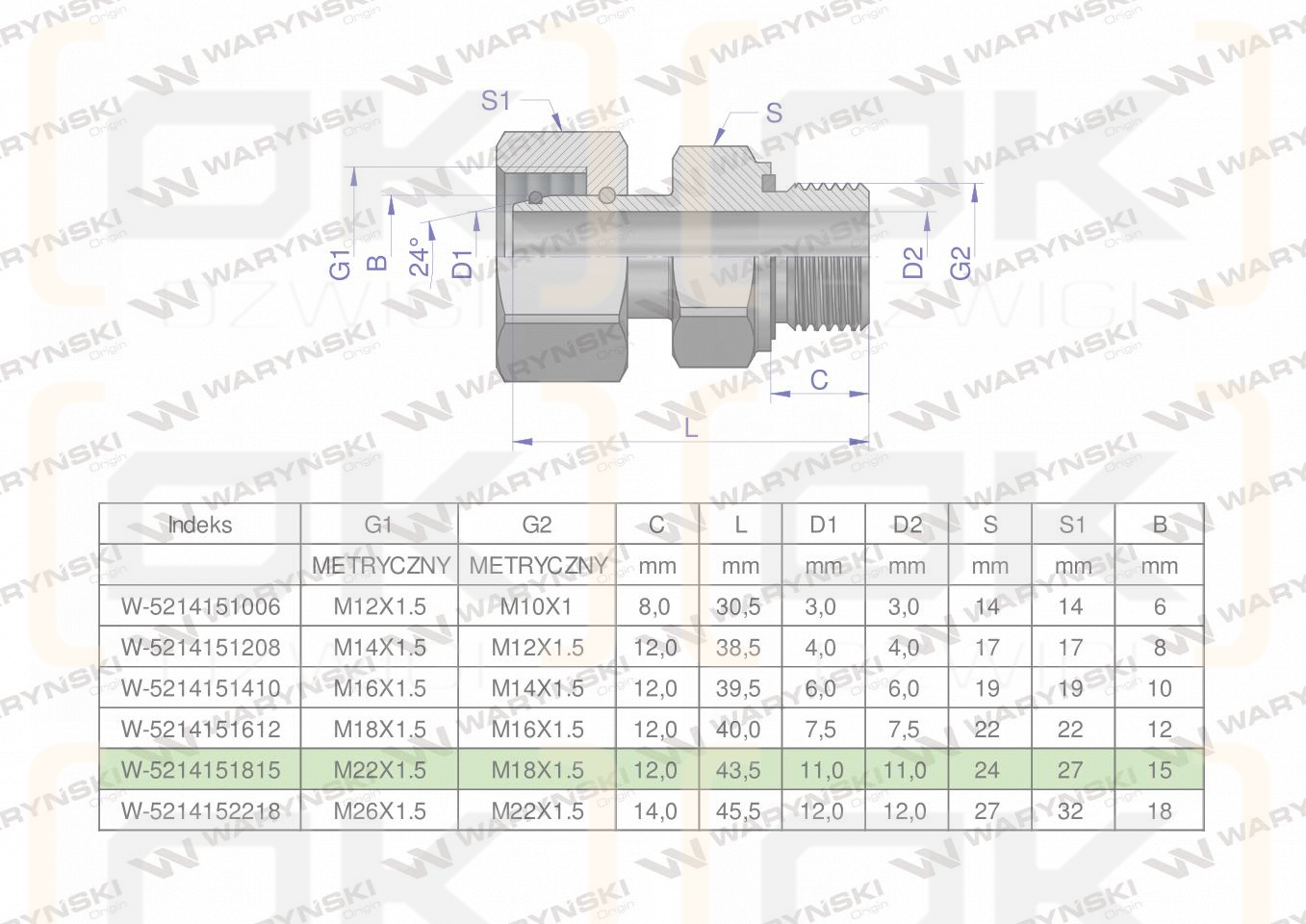 Przyłączka hydrauliczna metryczna AB (EVGE) M22x1.5 15L x M18x1.5 ED Waryński ( sprzedawane po 2 )