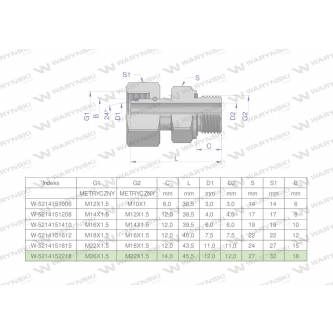 Przyłączka hydrauliczna metryczna AB (EVGE) M26x1.5 18L x M22x1.5 ED Waryński ( sprzedawane po 2 )
