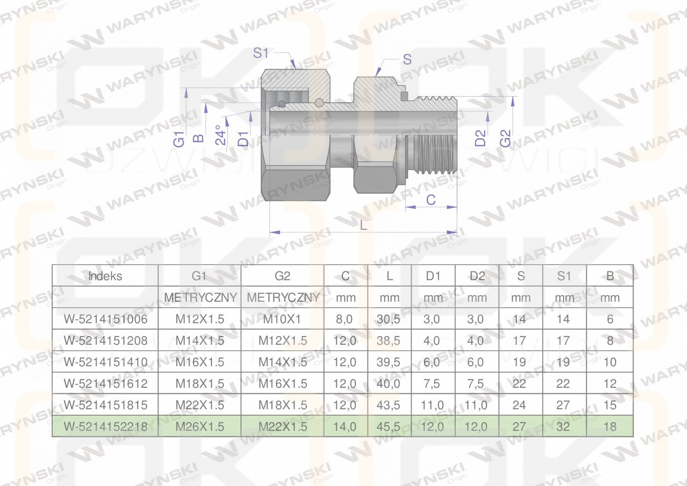 Przyłączka hydrauliczna metryczna AB (EVGE) M26x1.5 18L x M22x1.5 ED Waryński ( sprzedawane po 2 )