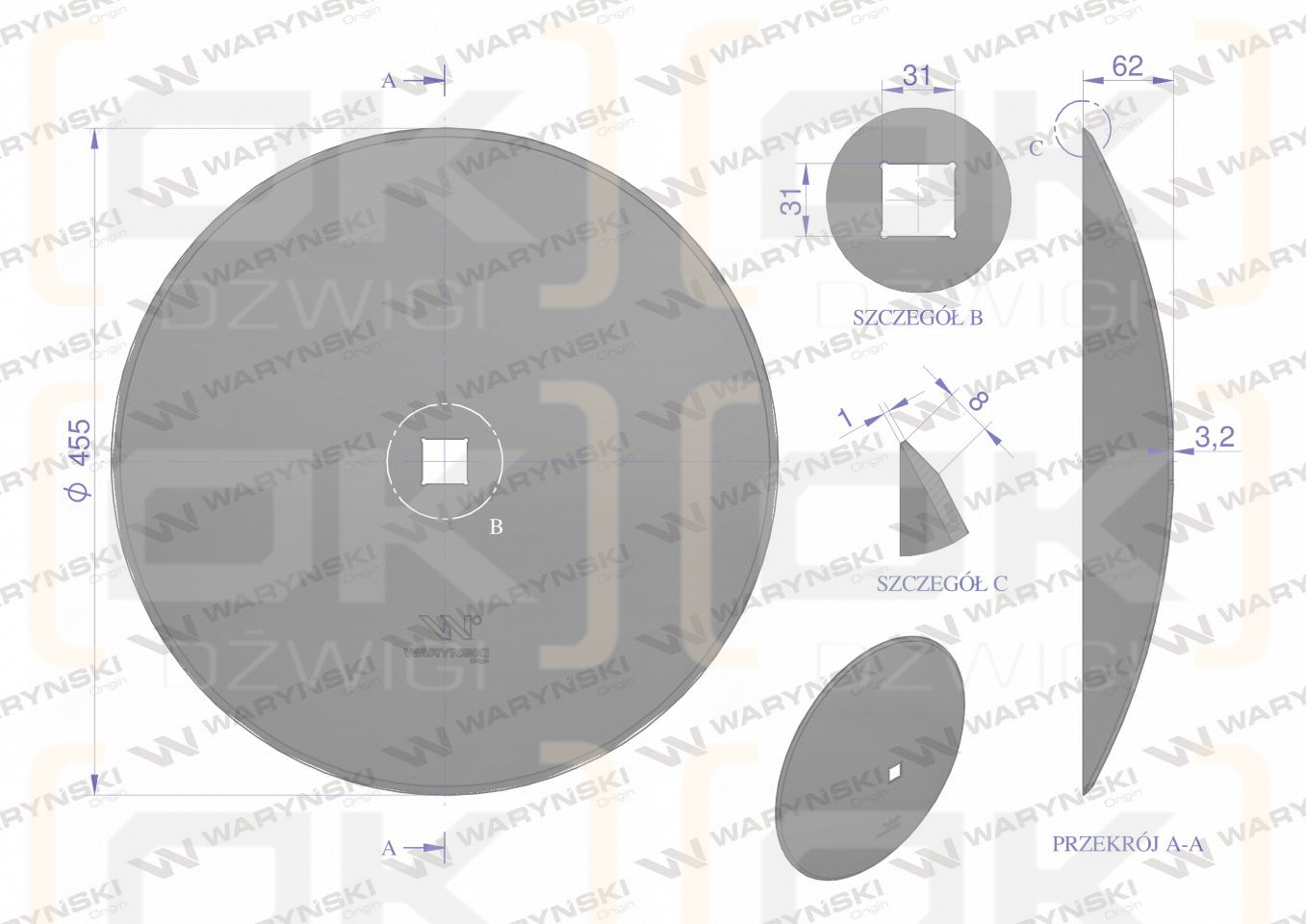 Talerz gładki fi 460 otwór 30x30 stal borowa WARYŃSKI R 1279201030 1201030040